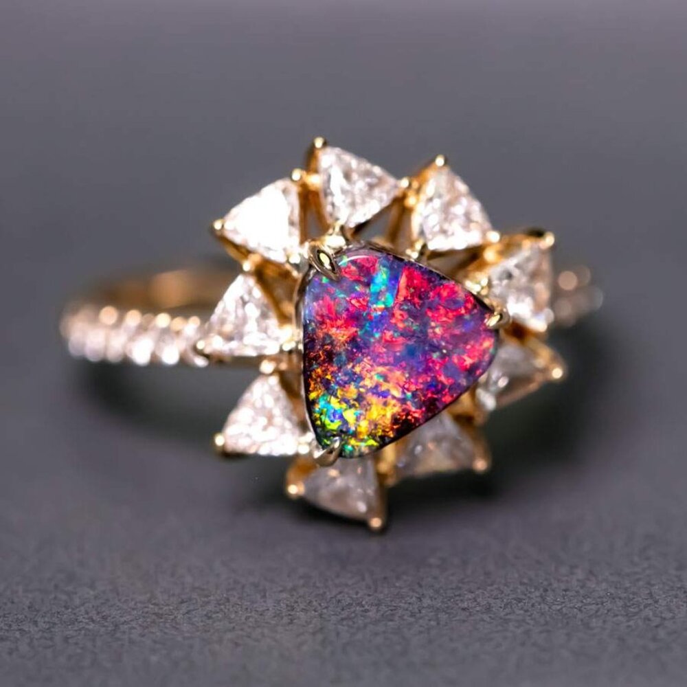 La Estrella - Halo Trillion Diamond Boulder Opal Engagement Ring 18K Yellow Gold